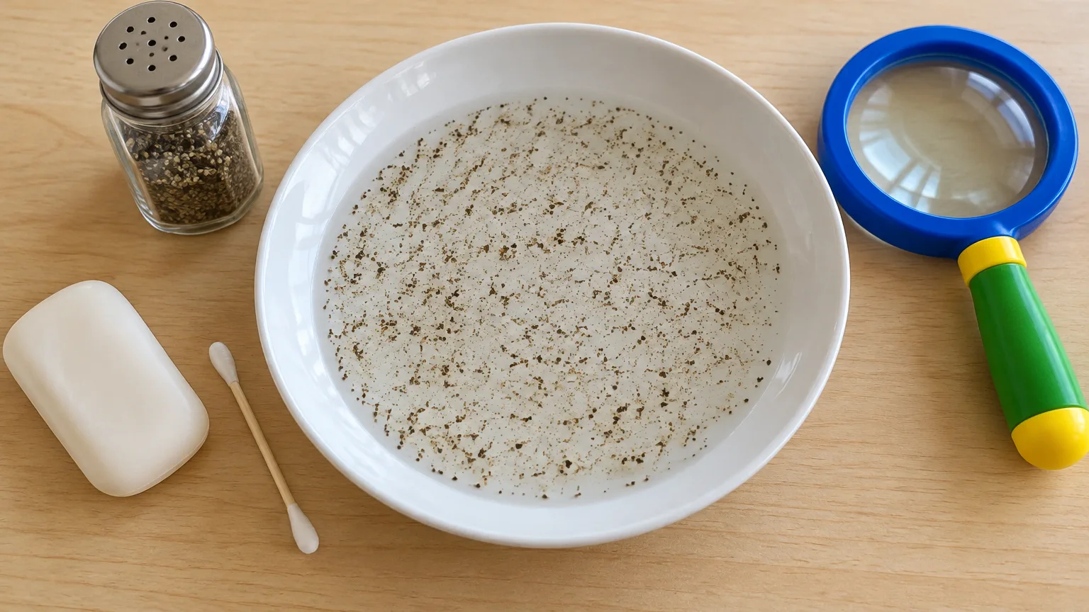 Plato hondo blanco con agua y pimienta molida flotando, junto a un jabón, un hisopo, un frasco de pimienta y una lupa infantil sobre una mesa de sala