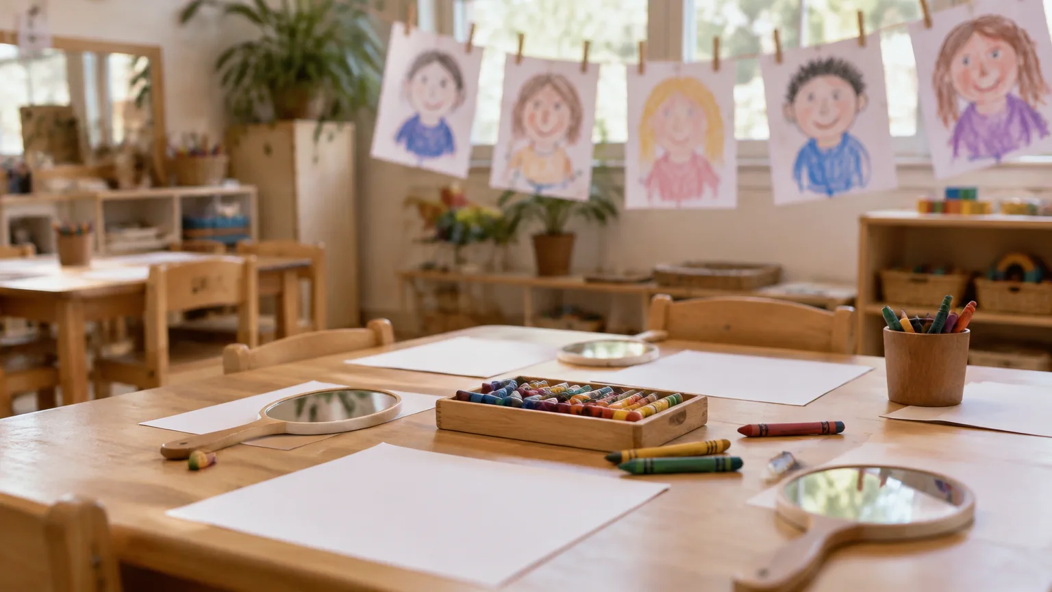Sala con espejos de mano, hojas, crayones y tendedero con dibujos infantiles