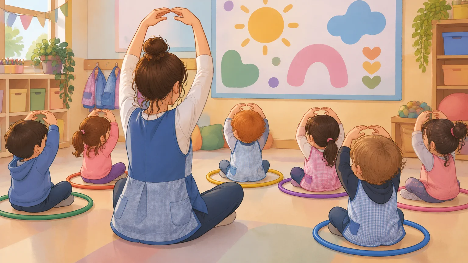 Ronda en sala de Nivel Inicial con aros de colores y docente de espaldas guiando gestos