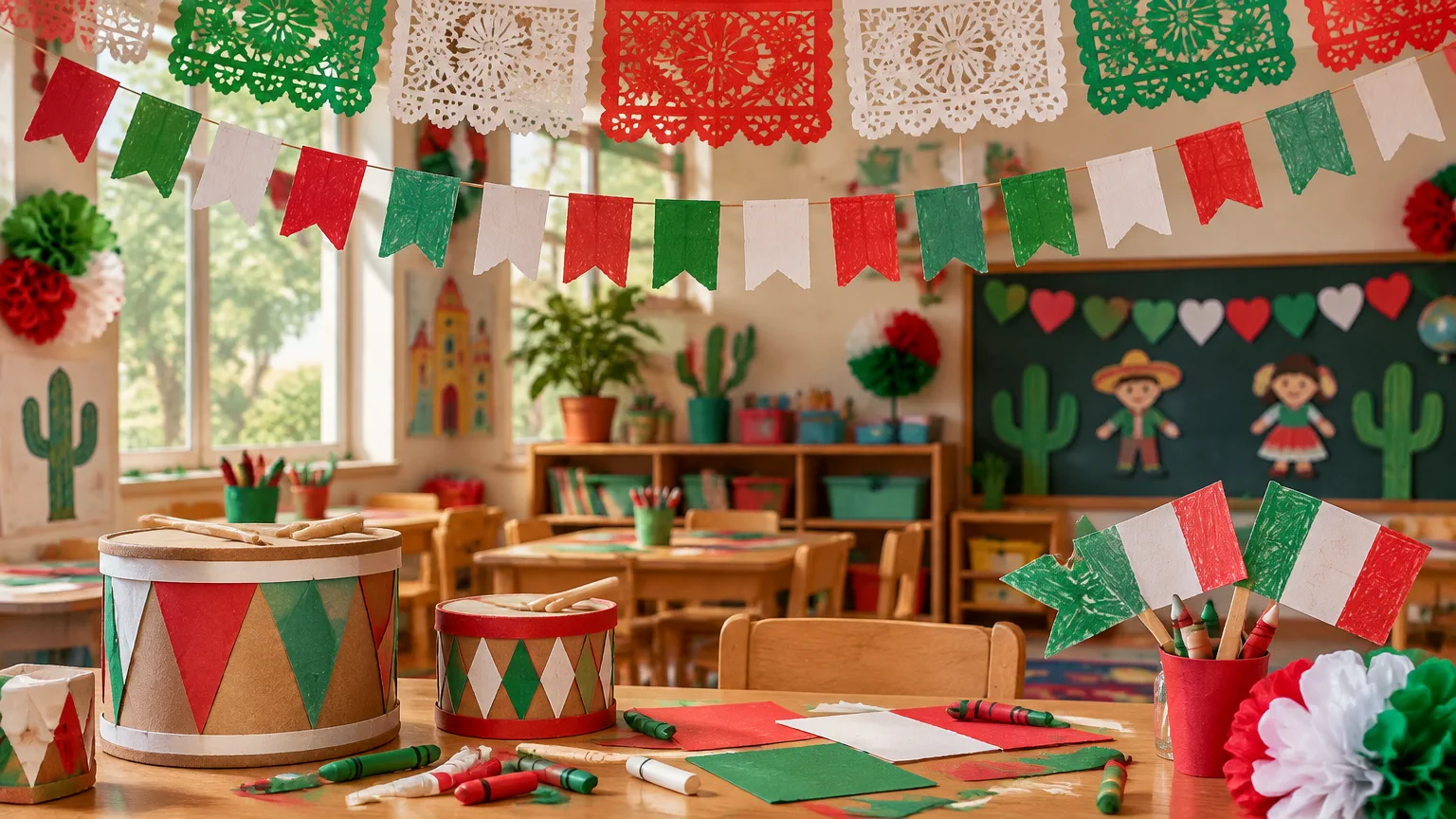 Salón de preescolar con papel picado tricolor, banderitas de papel y tambores de cartón