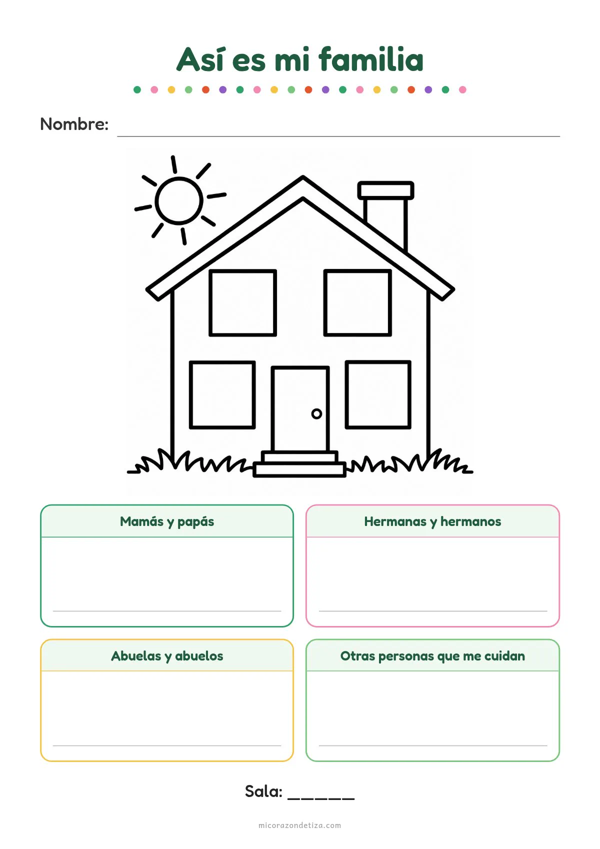 Ficha Así es mi familia para imprimir nivel inicial: casa para colorear con cuatro ventanas vacías y recuadros para dibujar a mamás y papás, hermanos, abuelos y otras personas que me cuidan
