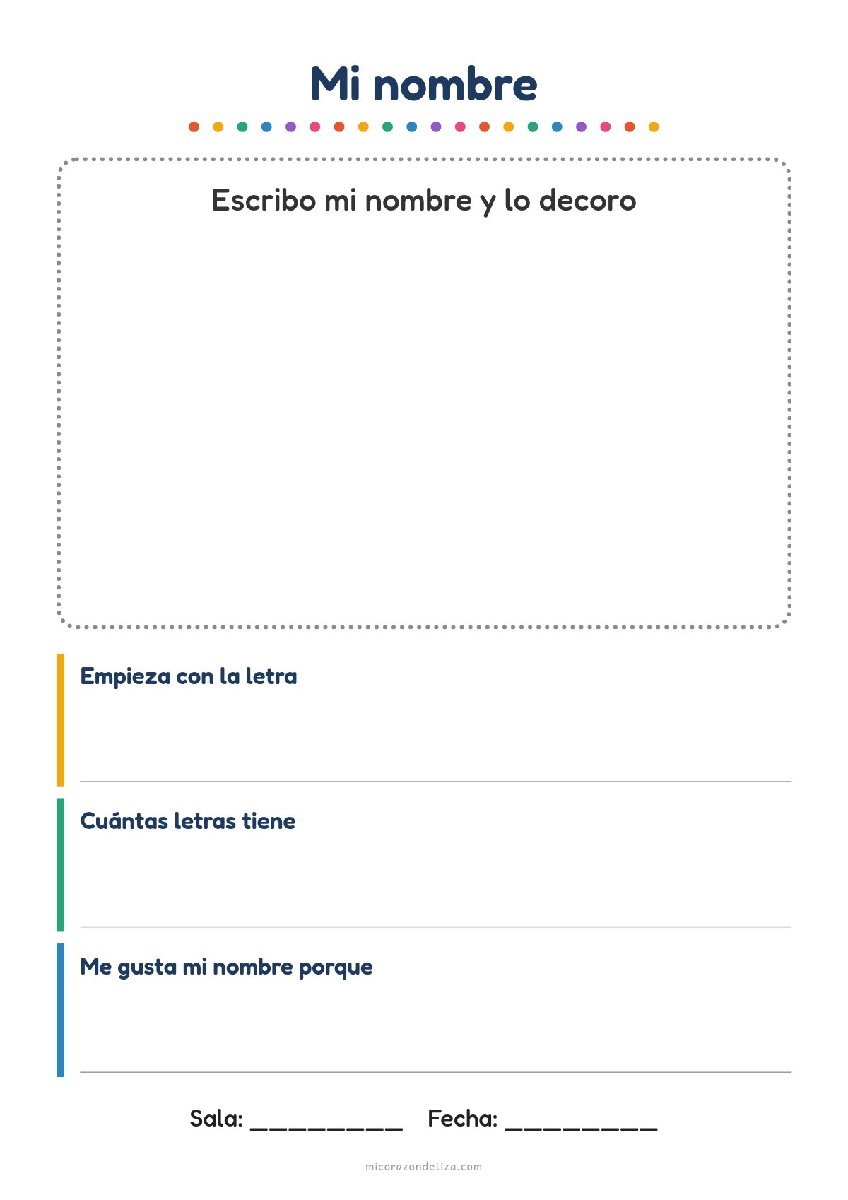 Ficha del nombre propio para imprimir: marco para escribir y decorar el nombre y renglones para la letra inicial y la cantidad de letras