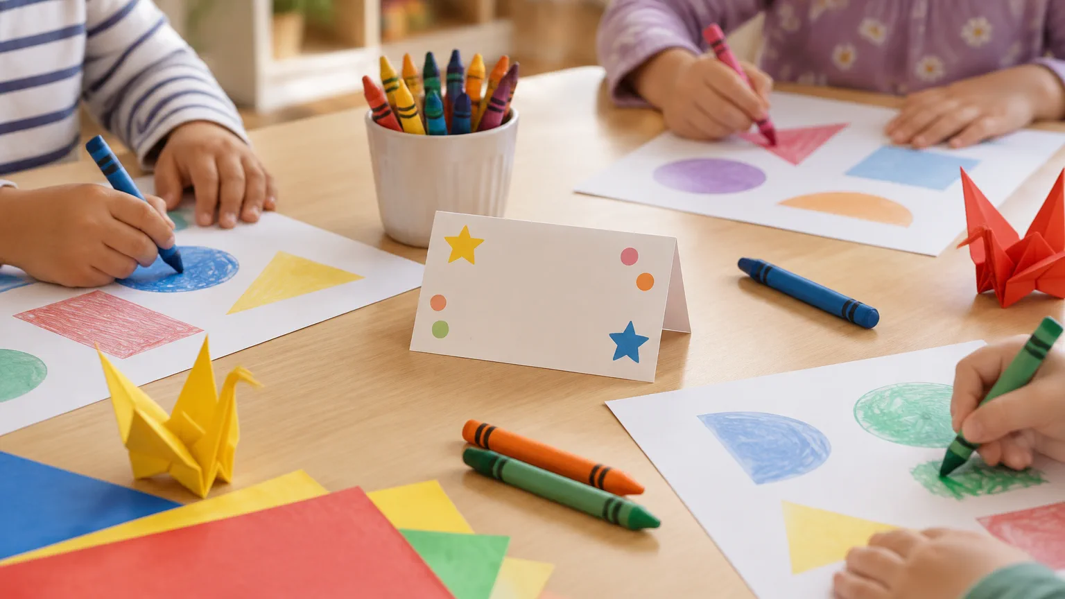 Manos de niños decorando fichas impresas con crayones sobre una mesa de sala de jardín, con papeles de origami y un cartel de nombre
