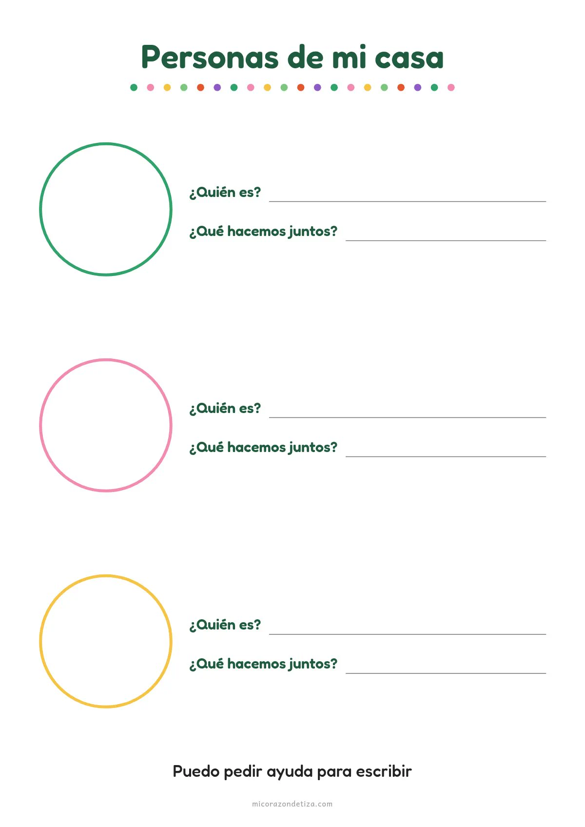 Ficha Personas de mi casa para imprimir: tres círculos para dibujar rostros con líneas para escribir quién es y qué hacemos juntos