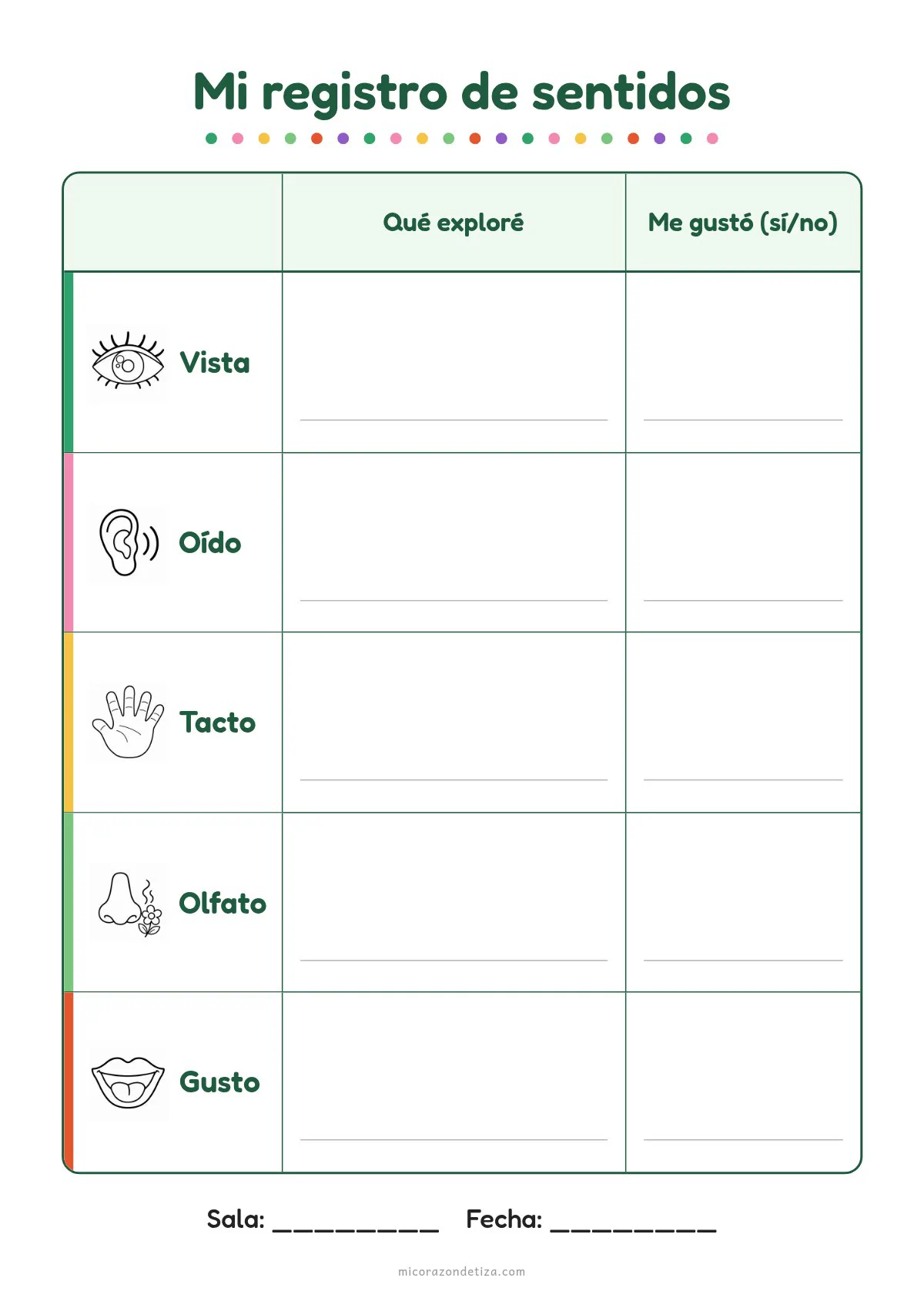 Ficha Mi registro de sentidos para imprimir en Nivel Inicial