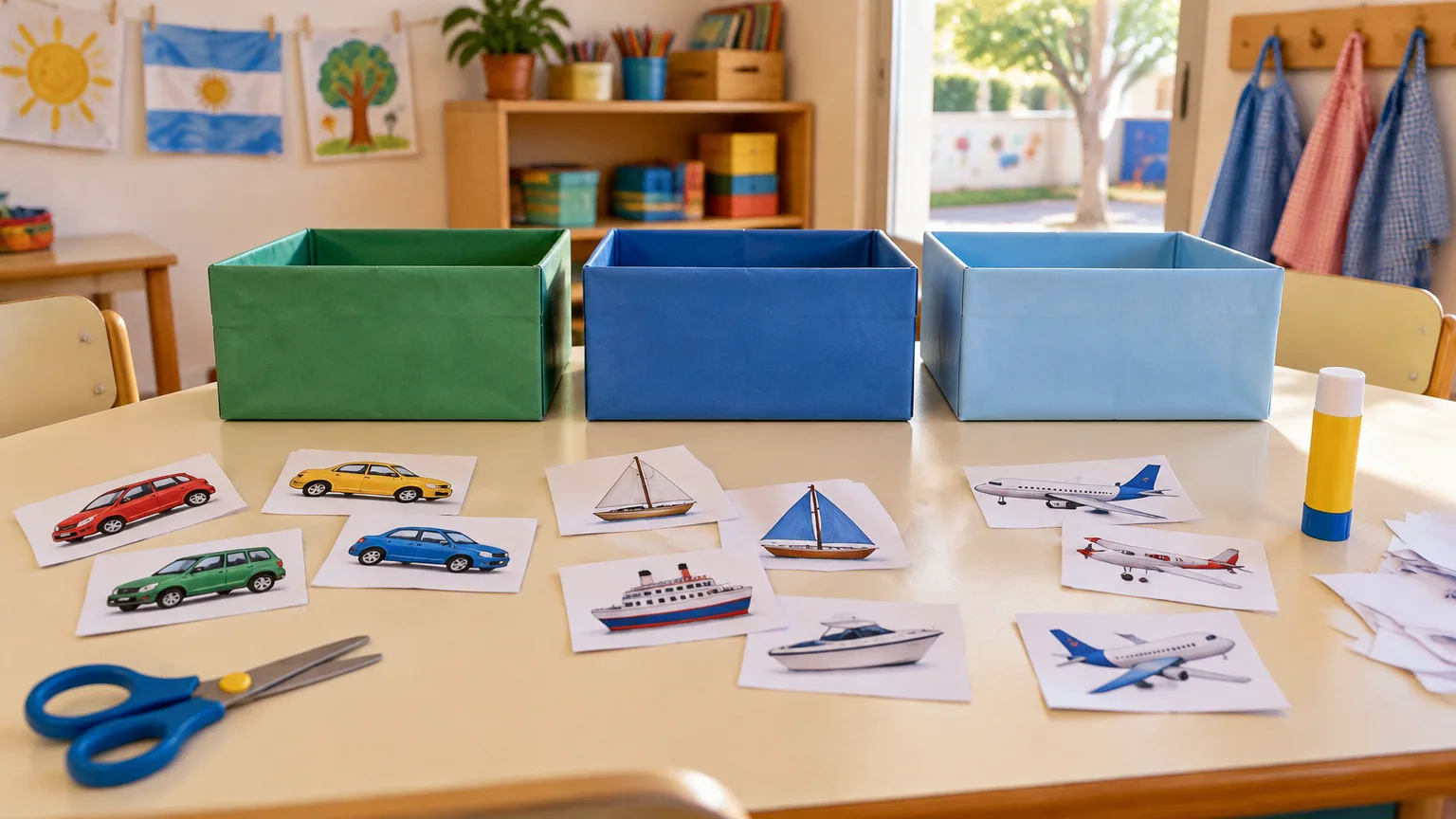 Mesa de sala con tarjetas de transportes recortadas y cajas verdes azul y celeste para clasificar