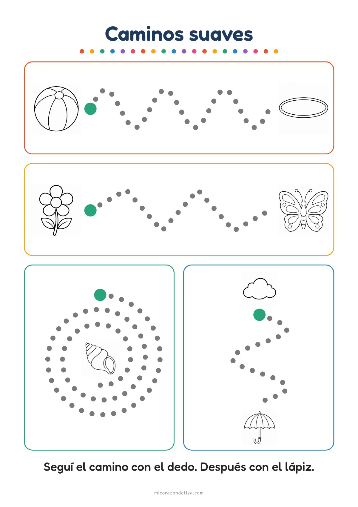 Ficha de trazos Caminos suaves para Nivel Inicial: caminos punteados entre pelota y aro, flor y mariposa, espiral con caracola, nube y paraguas