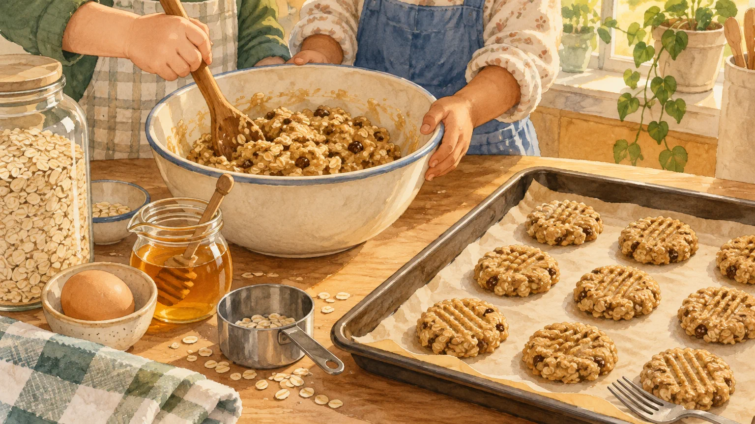 Manos de niños mezclando masa de avena en un bowl junto a una placa con galletas de avena crudas en la cocina del jardín