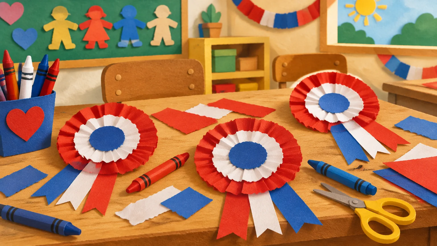 Escarapelas de papel rojo blanco y azul con crayones sobre mesitas de Educación Inicial paraguayas