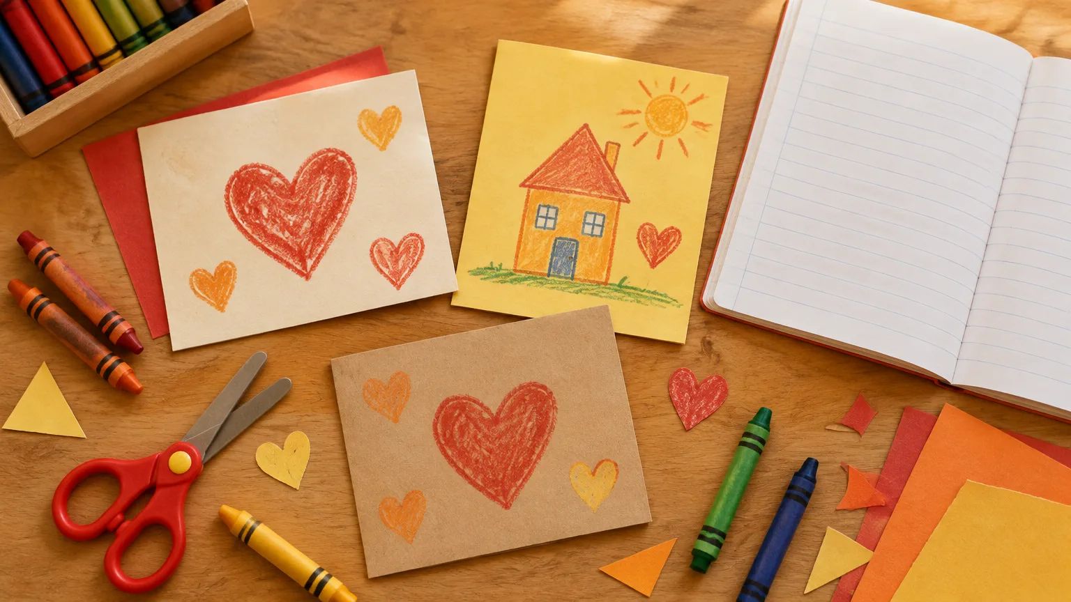 Mesita de sala con invitaciones recortadas y dibujadas con crayones, tijera de punta redonda, crayones y un cuaderno de comunicaciones abierto