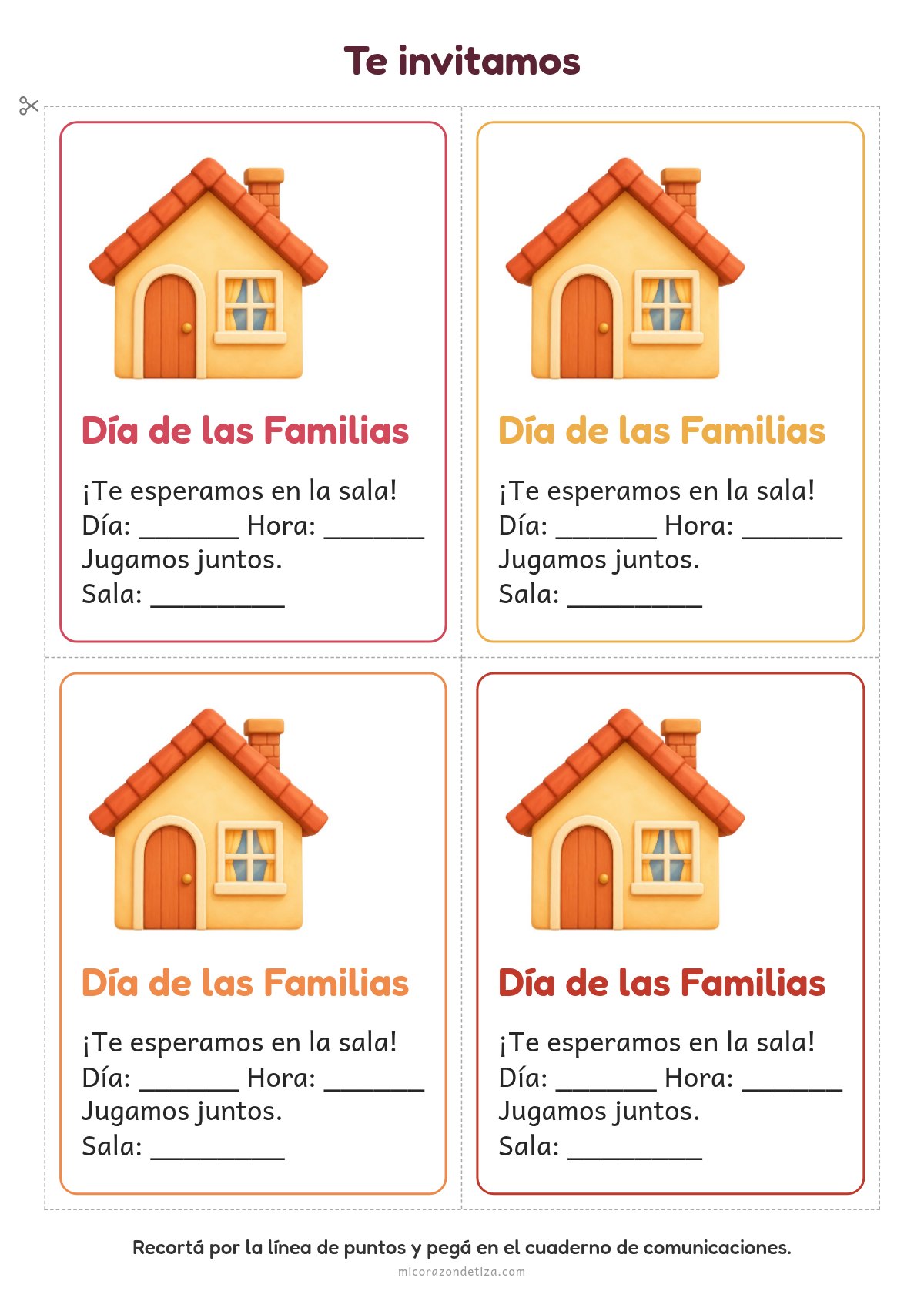 Invitaciones Día de las Familias para imprimir: cuatro tarjetas con casita y espacios para día, hora y sala