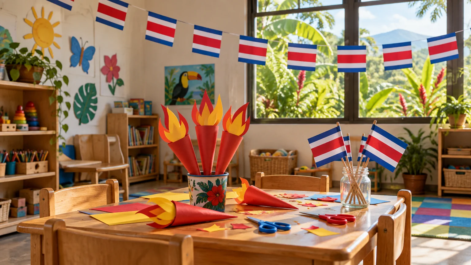 Salón de preescolar con antorchas de cartulina roja y amarilla, banderitas de Costa Rica y tijeras de punta redonda sobre una mesa baja con luz de mañana