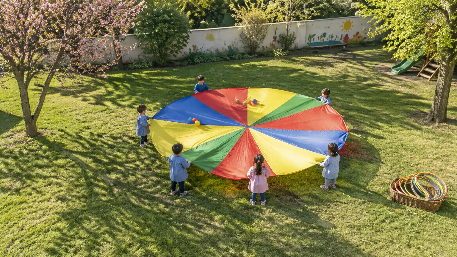 Paracaídas de tela de colores extendido sobre el pasto del patio del jardín, con pelotitas encima y chicos sosteniendo el borde, junto a un cesto con aros