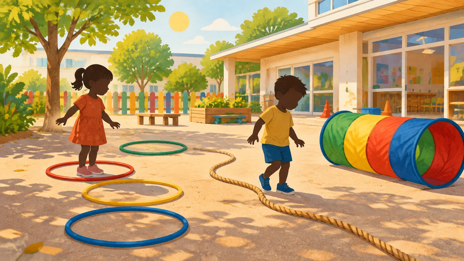 Niños jugando en el patio del jardín con aros, una soga en el suelo y un túnel de tela, explorando posiciones espaciales