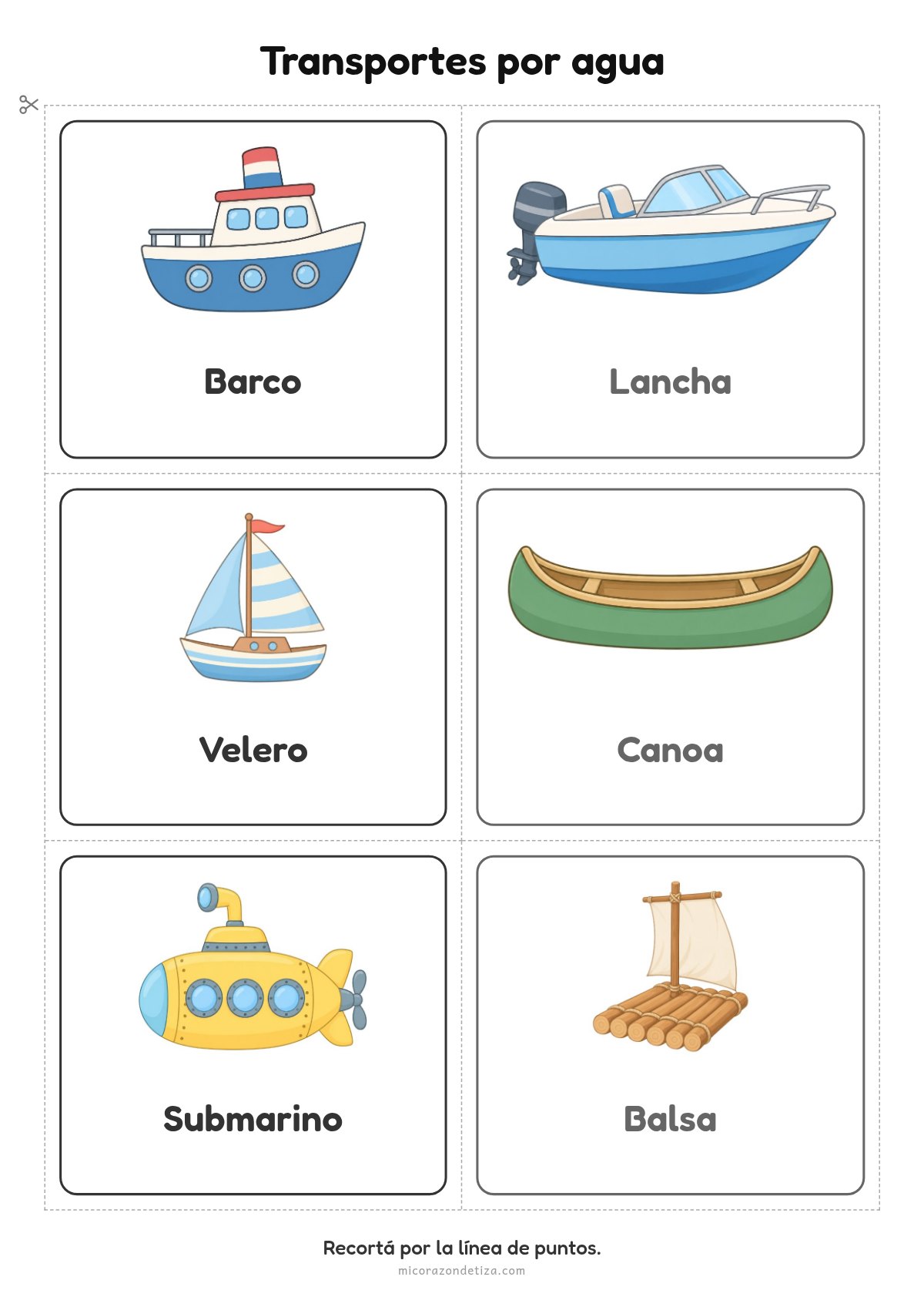 Fichas de transportes por agua para imprimir: barco, lancha, velero, canoa, submarino y balsa
