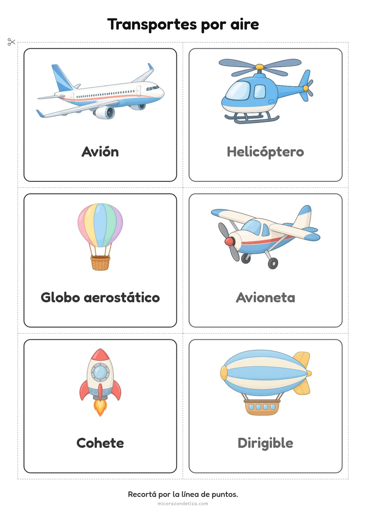 Fichas de transportes por aire para imprimir: avión, helicóptero, globo aerostático, avioneta, cohete y dirigible