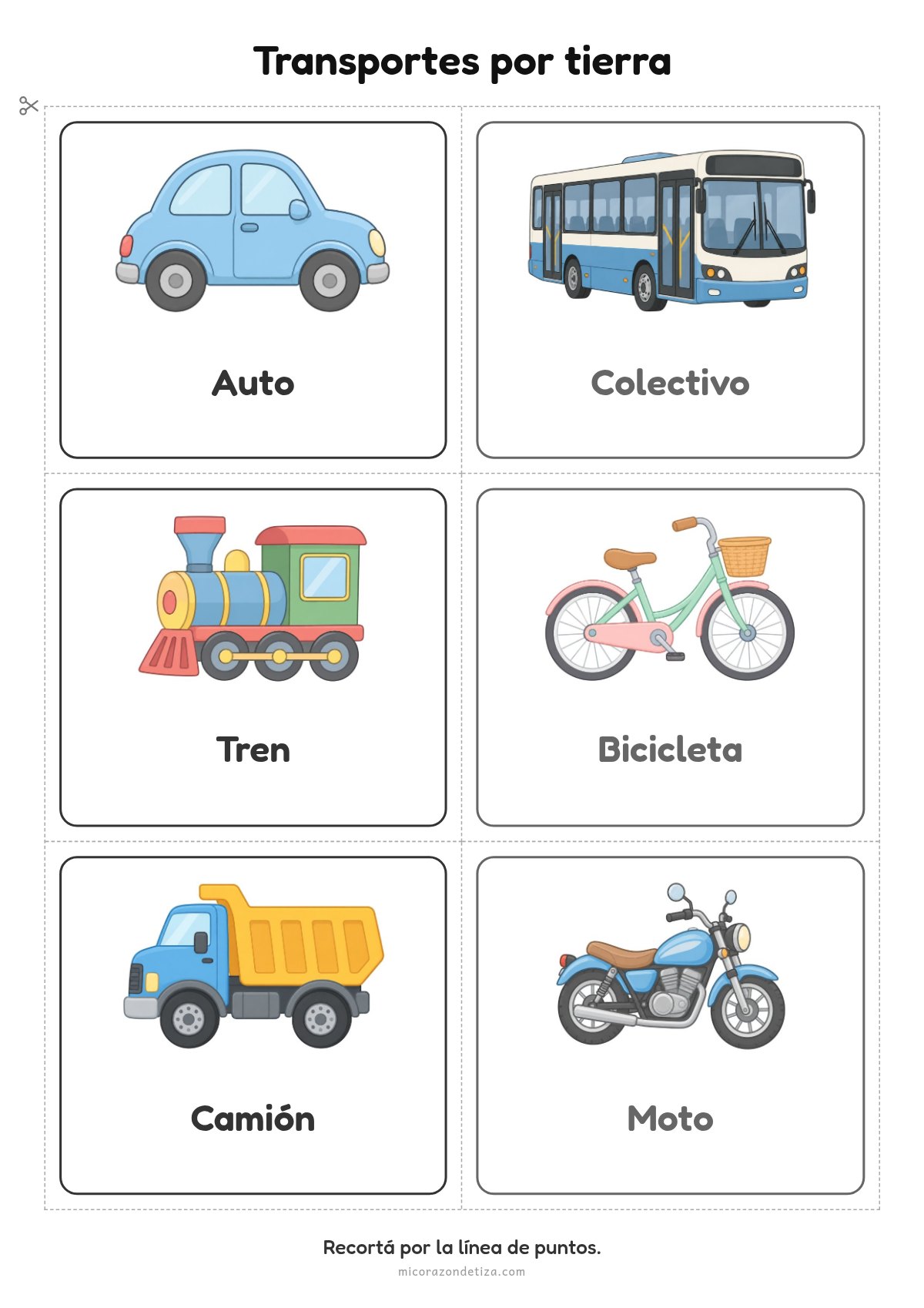 Fichas de transportes por tierra para imprimir: auto, colectivo, tren, bicicleta, camión y moto