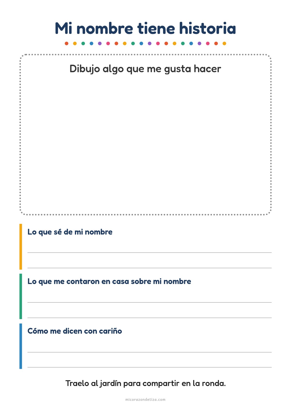 Hoja Mi nombre tiene historia para completar en casa con la familia, con renglones y marco para dibujar