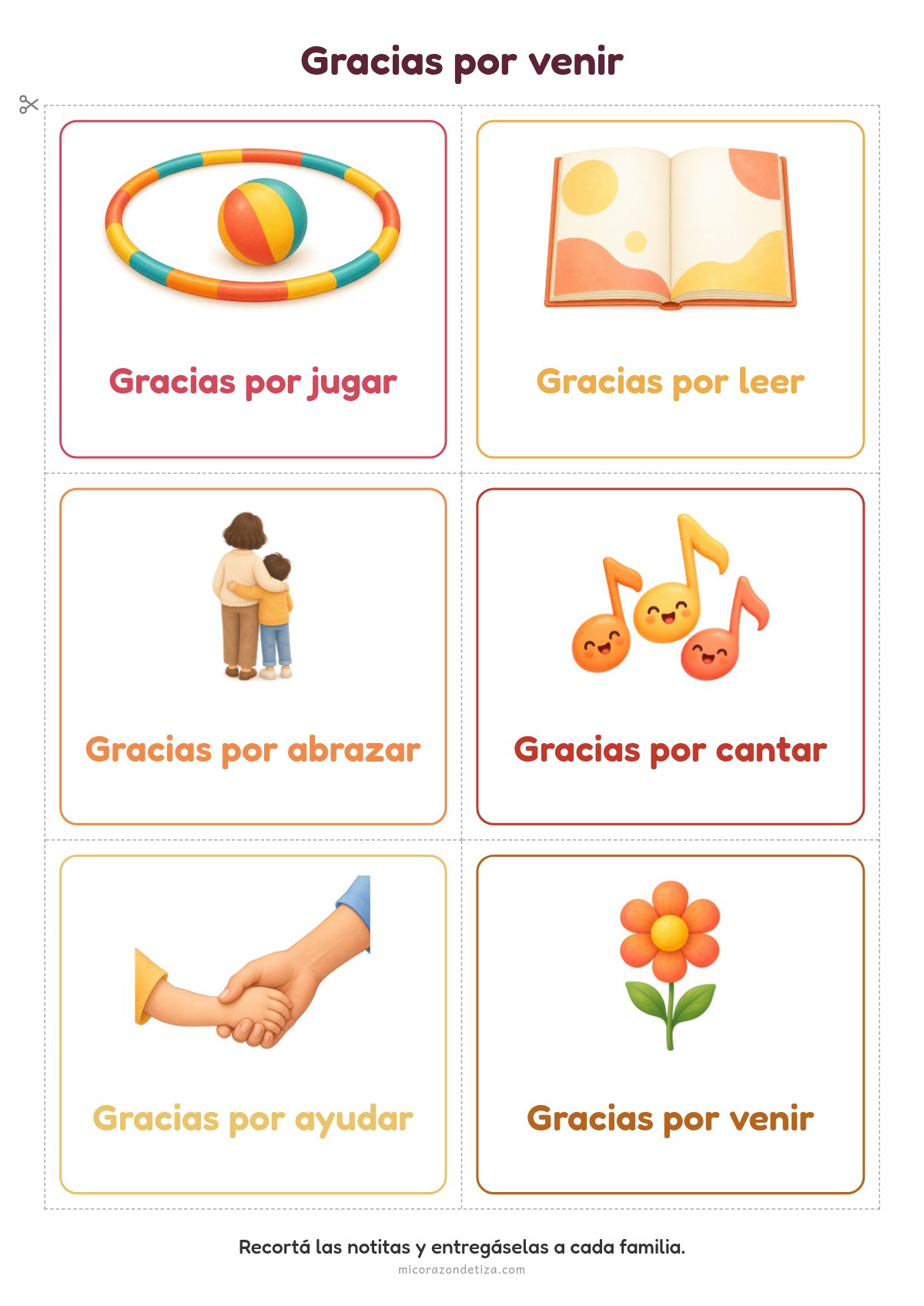 Notitas de agradecimiento a las familias: seis tarjetas Gracias por jugar, leer, abrazar, cantar, ayudar y venir