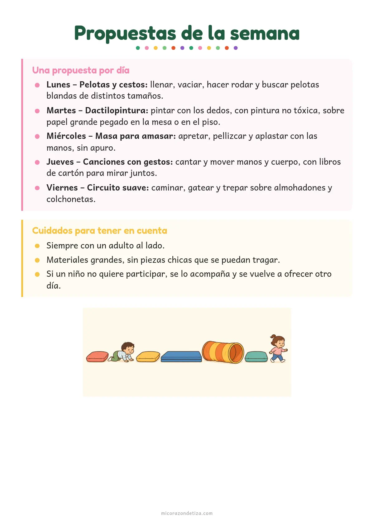 Hoja 2 de la planificación para sala de 2 años: una propuesta por día y cuidados
