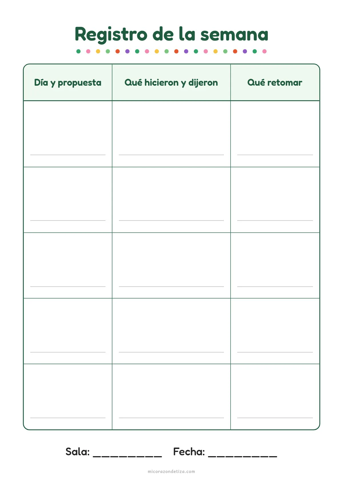 Planilla de registro semanal para sala de 2 años lista para imprimir