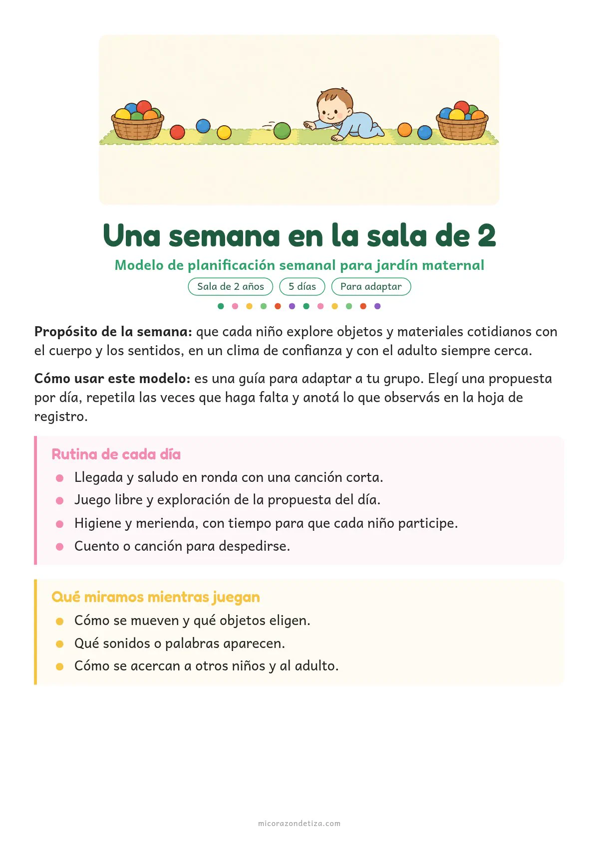 Hoja 1 de la planificación para sala de 2 años: propósito, rutina diaria y qué observar