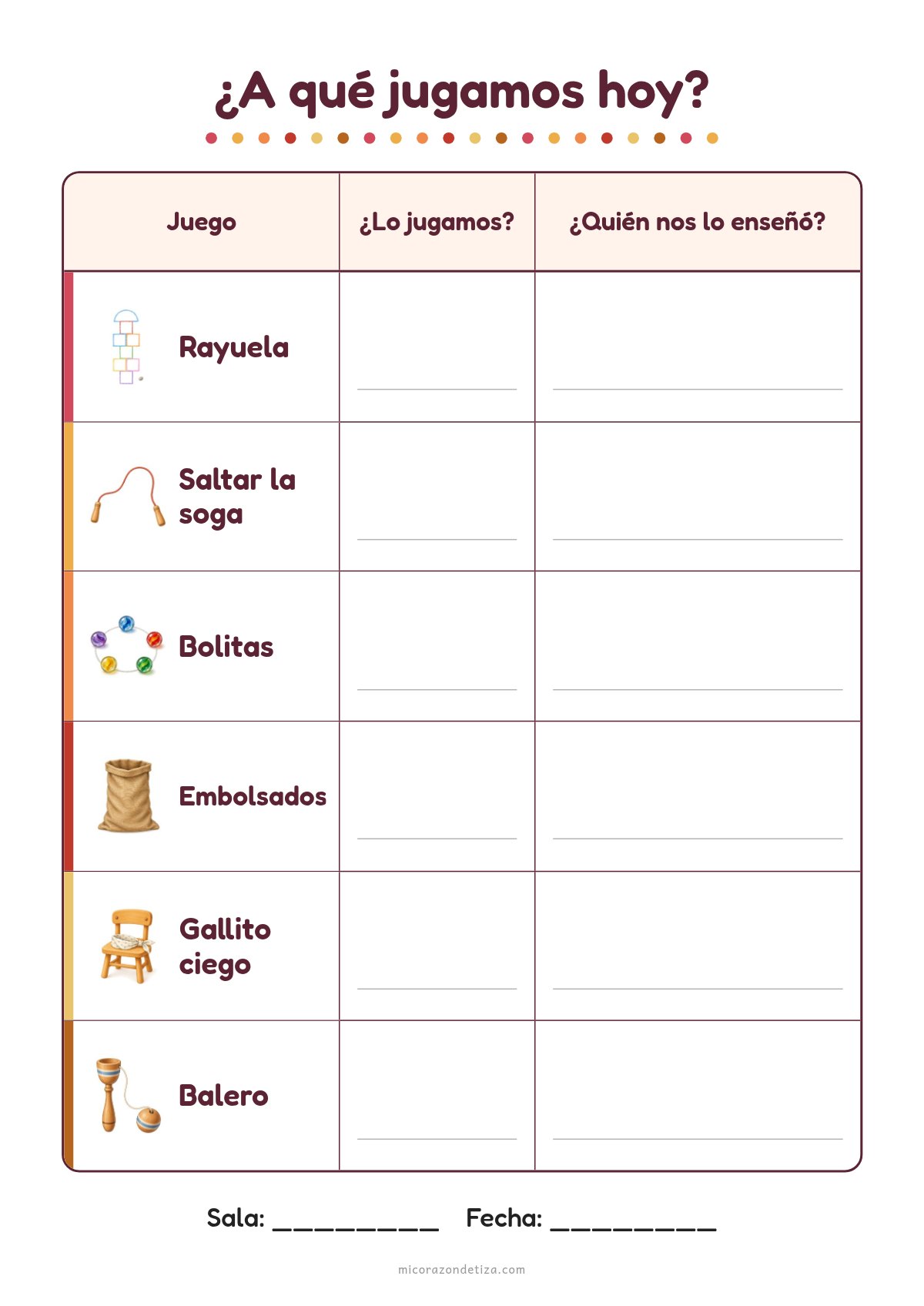 Vista previa de la planilla ¿A qué jugamos hoy? para registrar juegos tradicionales en Nivel Inicial
