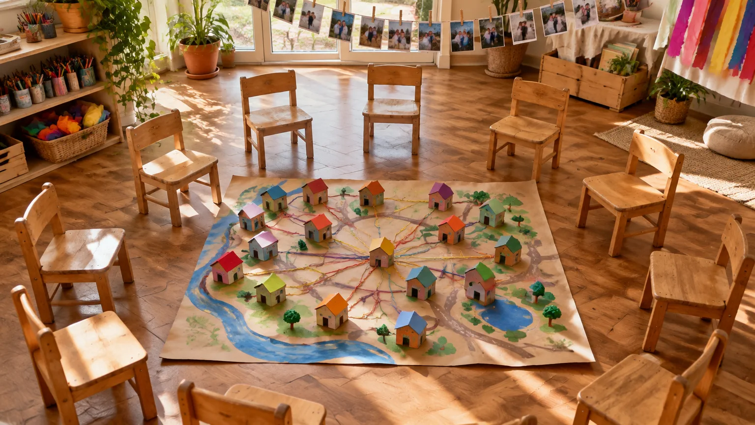 Mapa de hogares de la sala en el piso con casitas de cartón y caminos de colores, rodeado de sillitas en ronda y fotos de familias en un tendedero