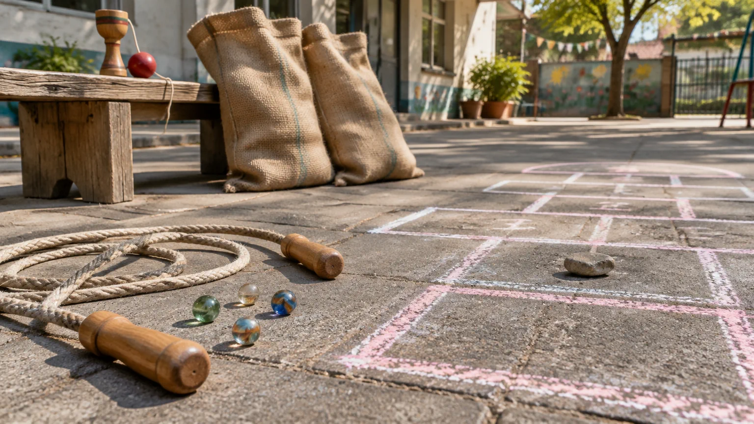 Rayuela dibujada con tiza en el patio del jardín, soga de saltar, bolitas de vidrio, bolsas de arpillera para embolsados y un balero de madera sobre un banco