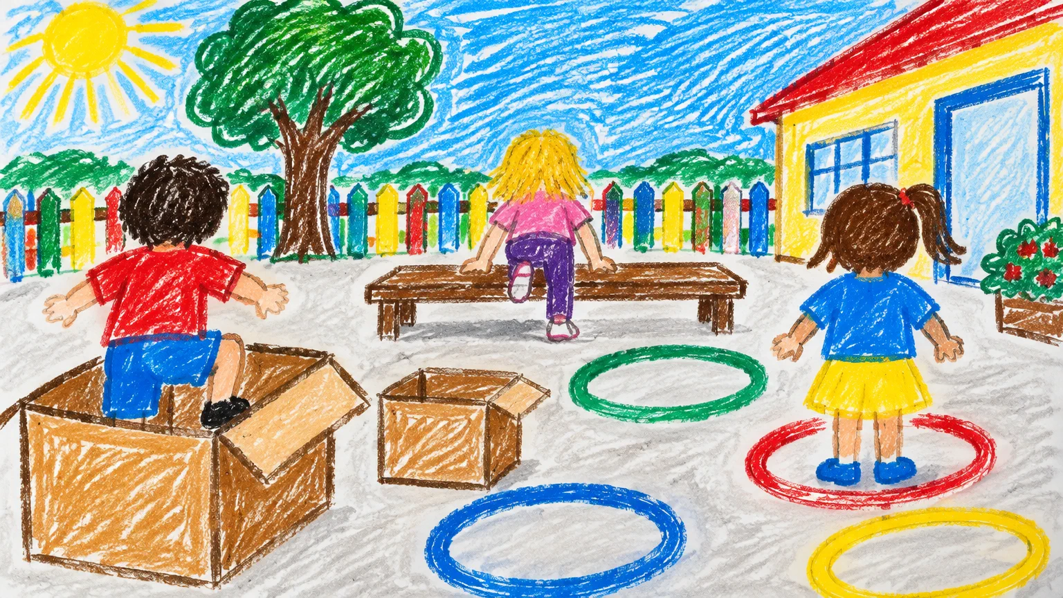 Dibujo infantil con crayones de chicos en el patio del jardín: uno entra en una caja, otro sube a un banco y otra se para dentro de un aro