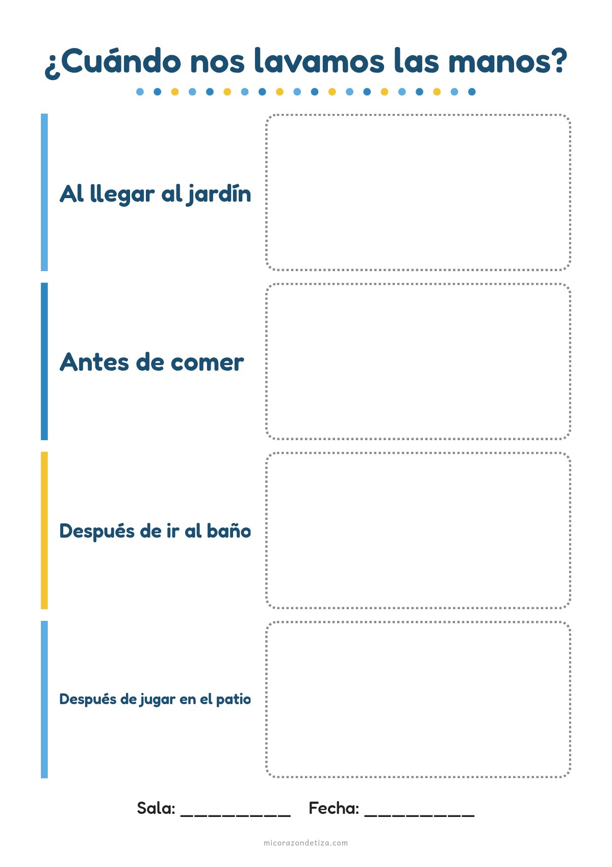 Planilla ¿Cuándo nos lavamos las manos? con cuatro momentos del día para registrar en la sala