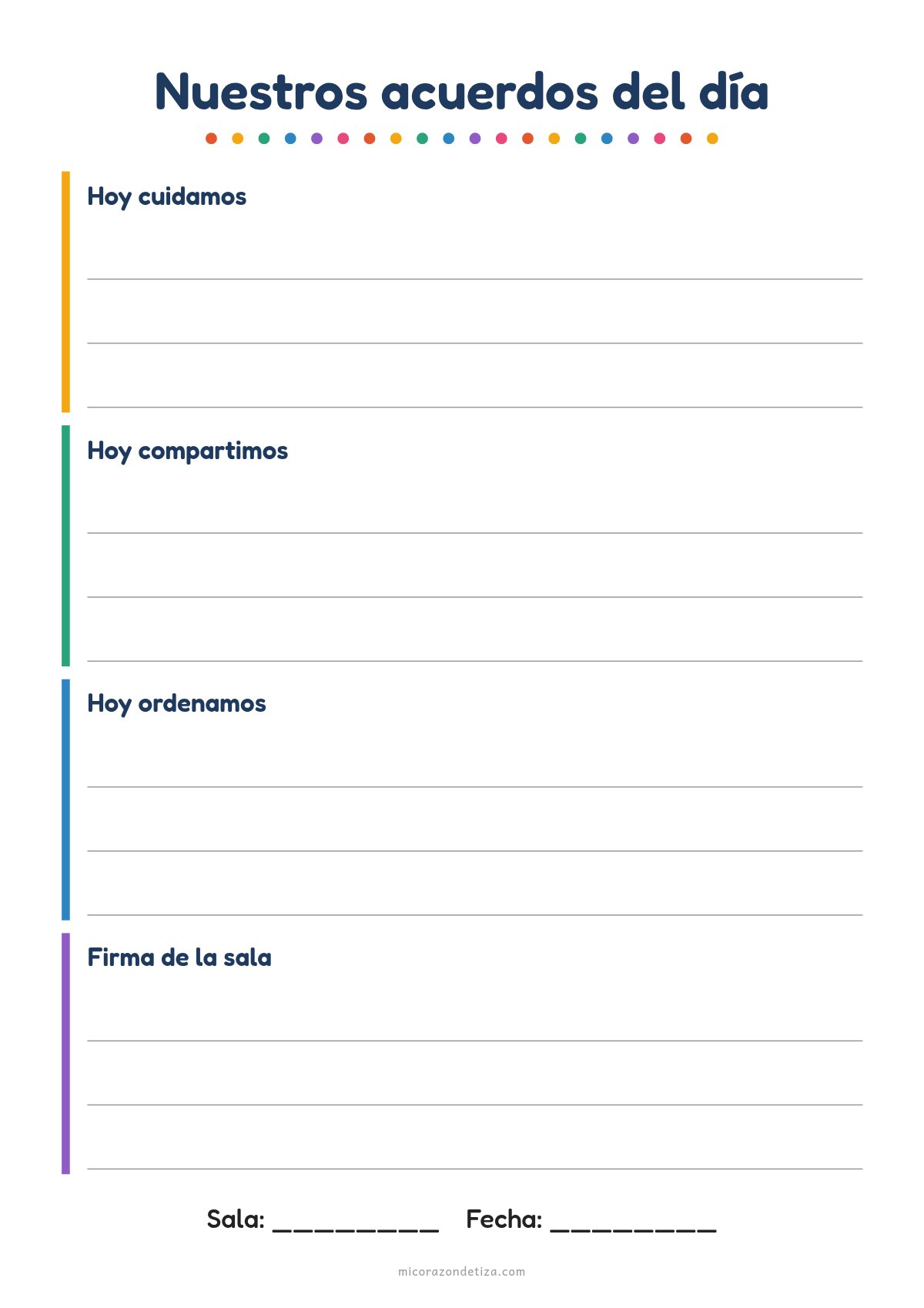 Planilla de acuerdos del día para imprimir en Nivel Inicial