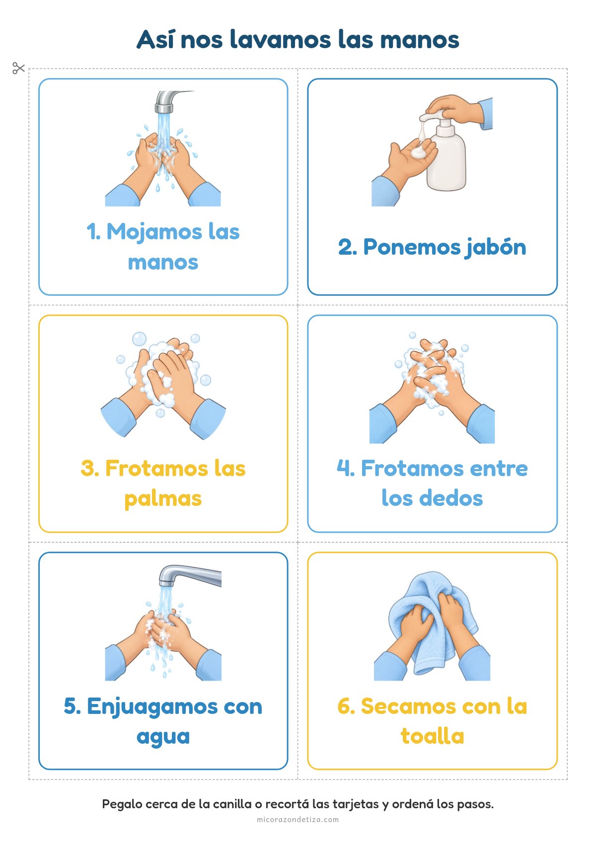 Secuencia del lavado de manos para imprimir: seis tarjetas con los pasos mojar, jabón, palmas, entre los dedos, enjuagar y secar