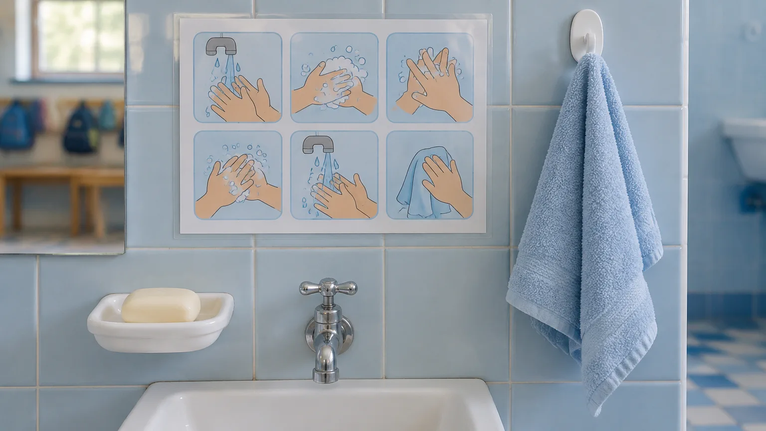 Cartel con dibujos de los pasos del lavado de manos pegado en la pared de azulejos del baño del jardín, junto a una canilla, un jabón en jabonera y una toallita celeste
