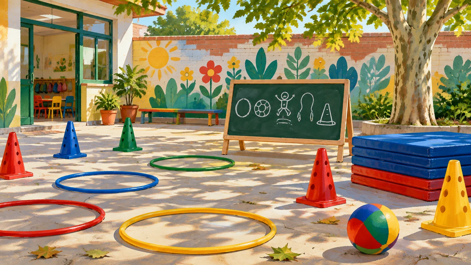 Ilustración de un patio de jardín con conos de colores, aros en el piso, colchonetas apiladas y un pizarrón bajo con dibujitos de juegos para la Semana de la Educación Física