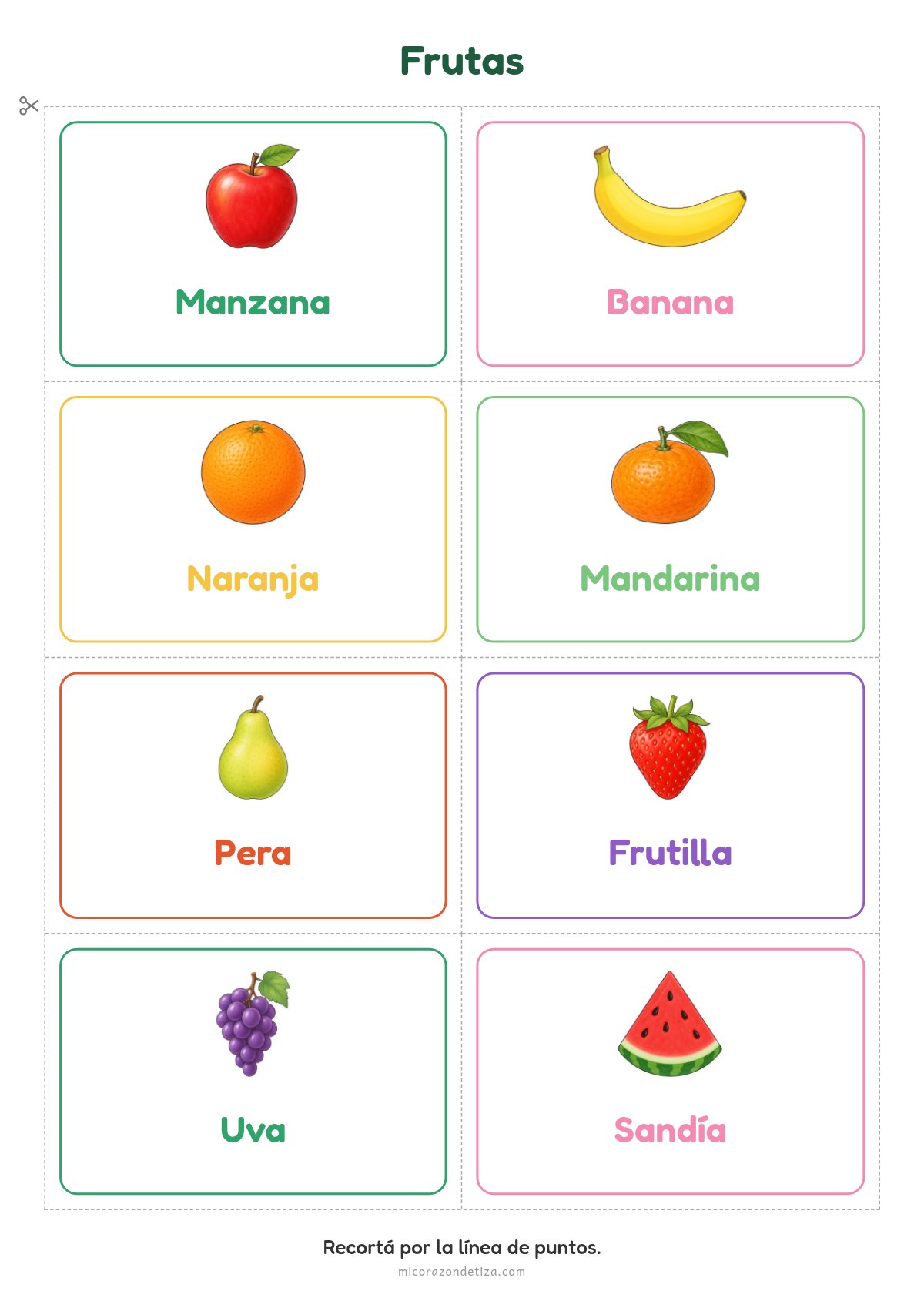 Tarjetas de frutas para imprimir en Nivel Inicial: manzana, banana, naranja, mandarina, pera, frutilla, uva y sandía