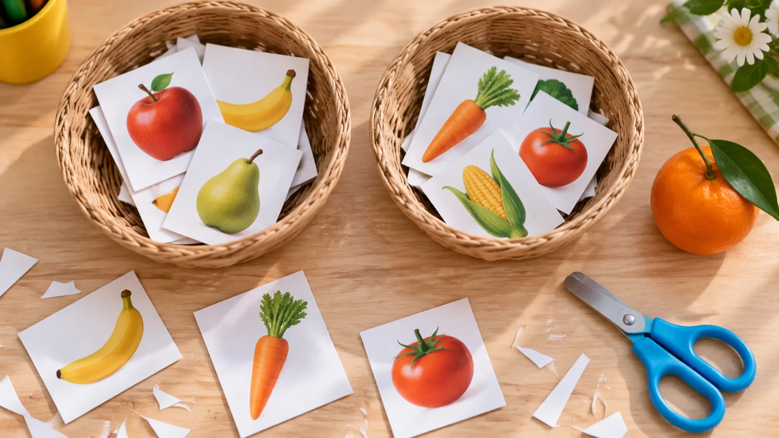 Tarjetas recortadas de frutas y verduras clasificadas en dos canastitas de mimbre, con una tijera de punta redonda y una mandarina sobre la mesa