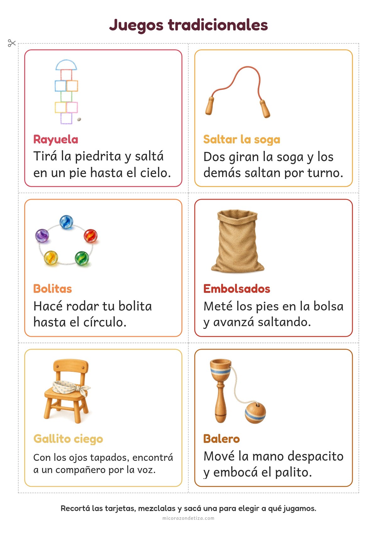 Vista previa de tarjetas de juegos tradicionales para imprimir: rayuela, soga, bolitas, embolsados, gallito ciego y balero