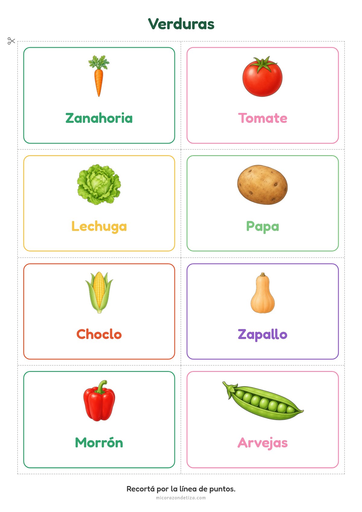 Tarjetas de verduras para imprimir en Nivel Inicial: zanahoria, tomate, lechuga, papa, choclo, zapallo, morrón y arvejas