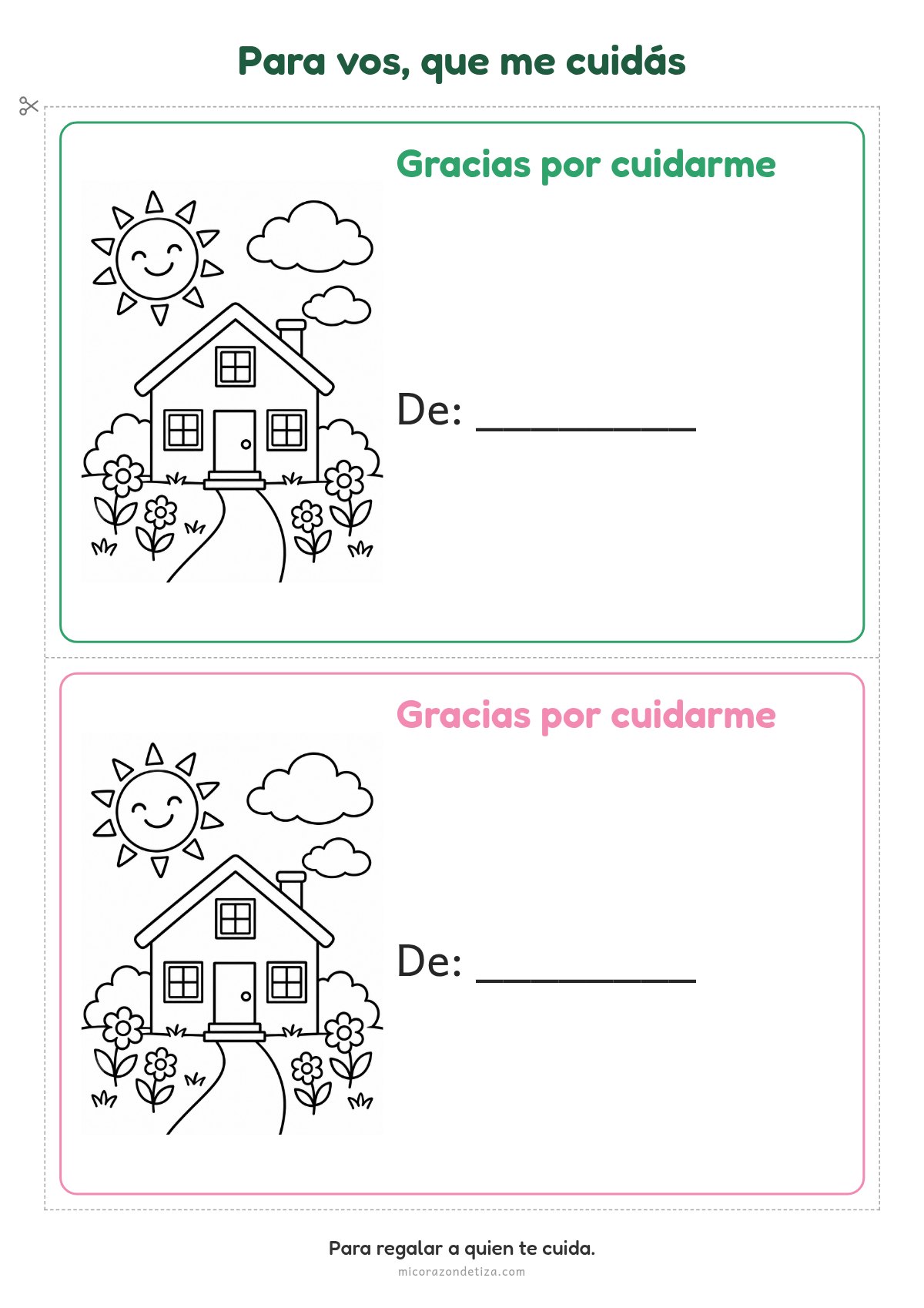 Tarjetas Para vos que me cuidás para colorear en Nivel Inicial