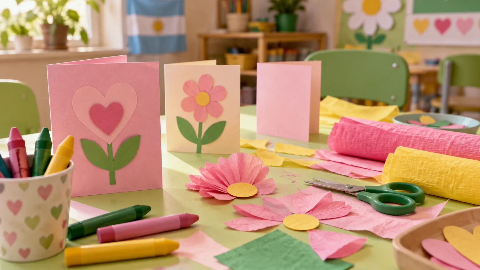 Mesa de sala con tarjetas de cartulina dobladas, crayones gruesos, papel crepé rosa y amarillo y flores de papel a medio armar