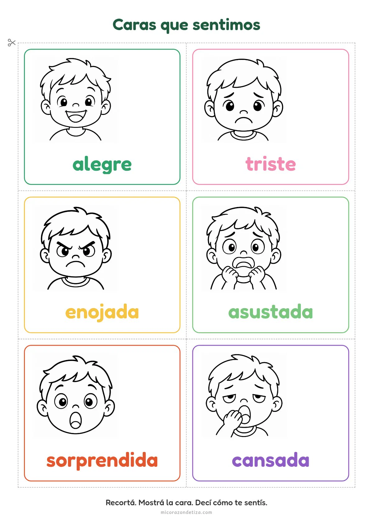 Tarjetas de emociones para imprimir en Nivel Inicial: seis caras para colorear (alegre, triste, enojada, asustada, sorprendida y cansada)