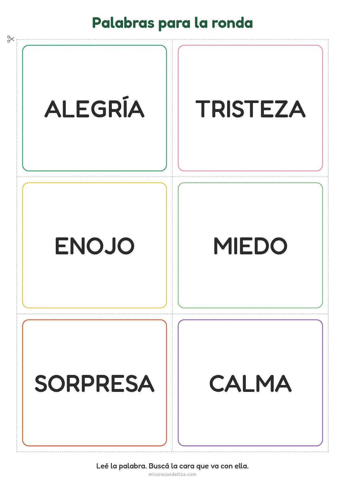 Tarjetas de palabras de emociones para la ronda: alegría, tristeza, enojo, miedo, sorpresa y calma