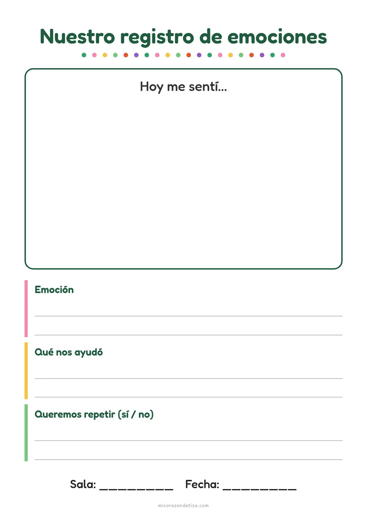 Planilla para imprimir: nuestro registro de emociones en Nivel Inicial, con recuadro para dibujar y renglones