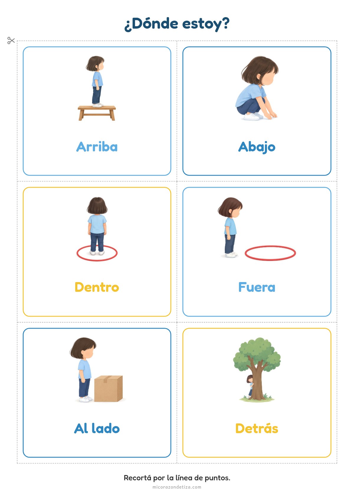 Vista previa de tarjetas de posiciones espaciales: arriba, abajo, dentro, fuera, al lado y detrás