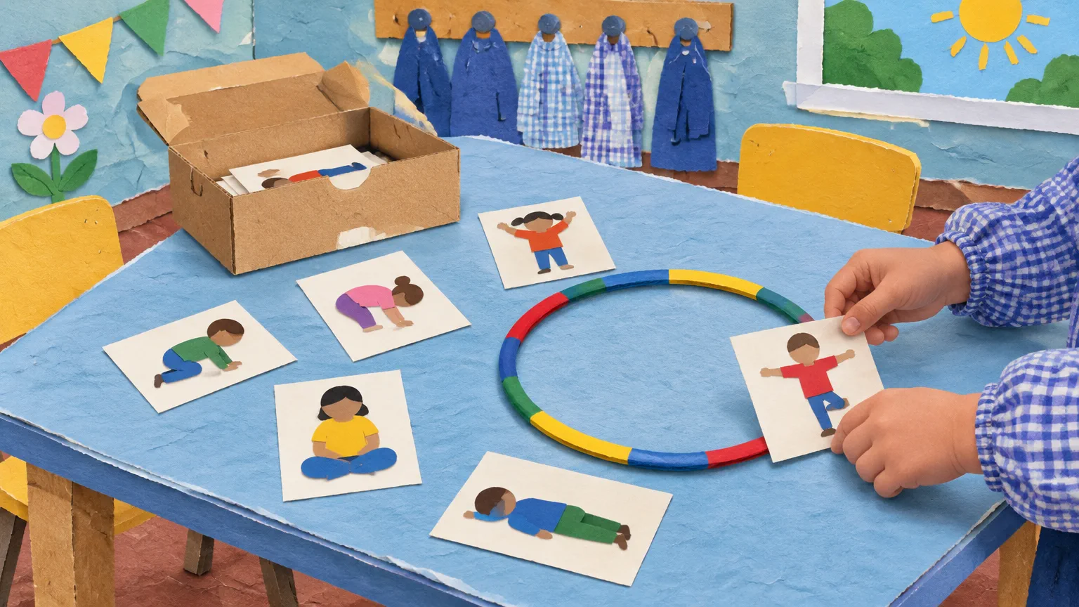 Collage de papel: mesa de sala con tarjetas ilustradas de posiciones, un aro de colores y una caja abierta, y manos de un nene con guardapolvo acomodando una tarjeta