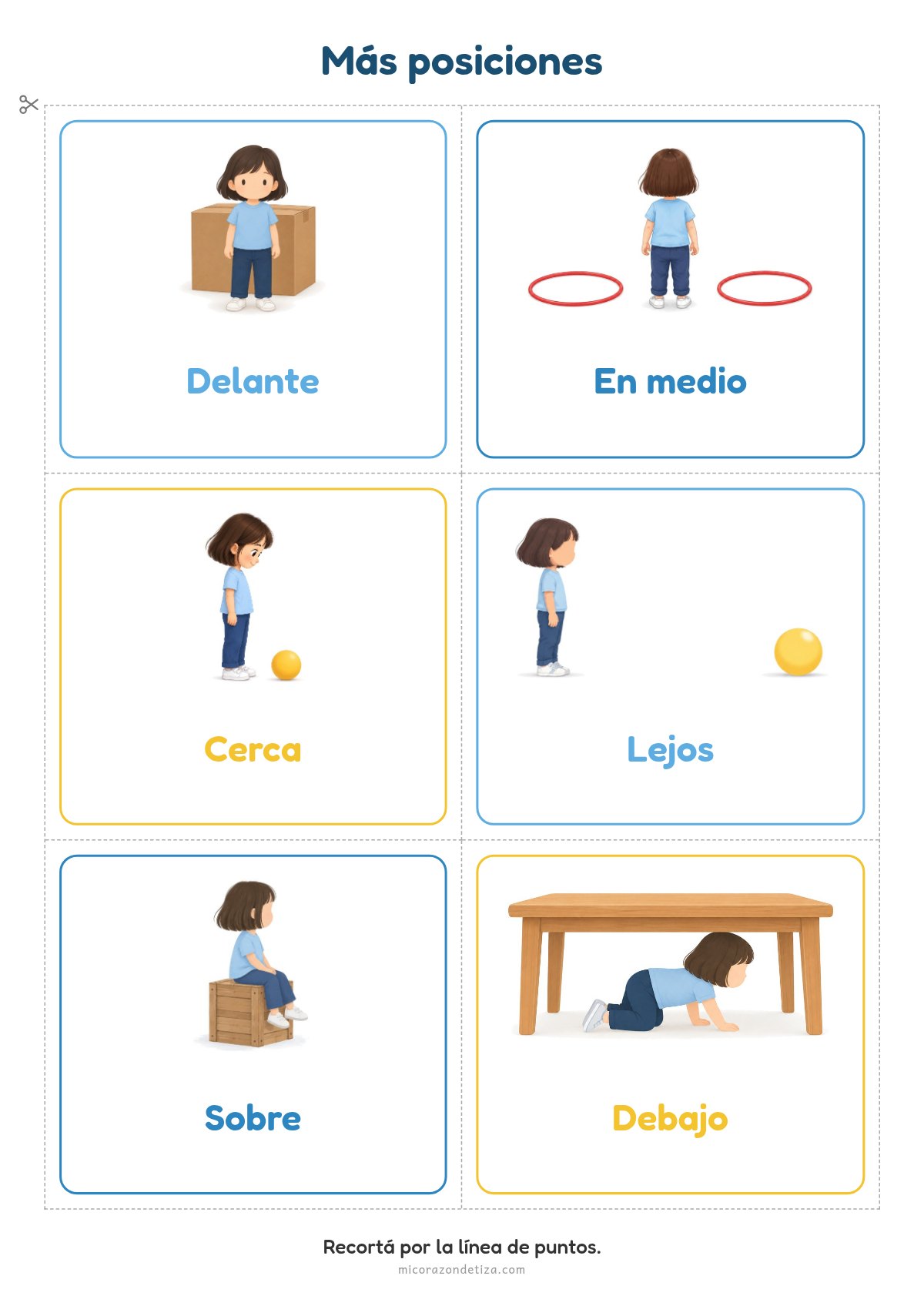 Vista previa de tarjetas de posiciones espaciales: delante, en medio, cerca, lejos, sobre y debajo