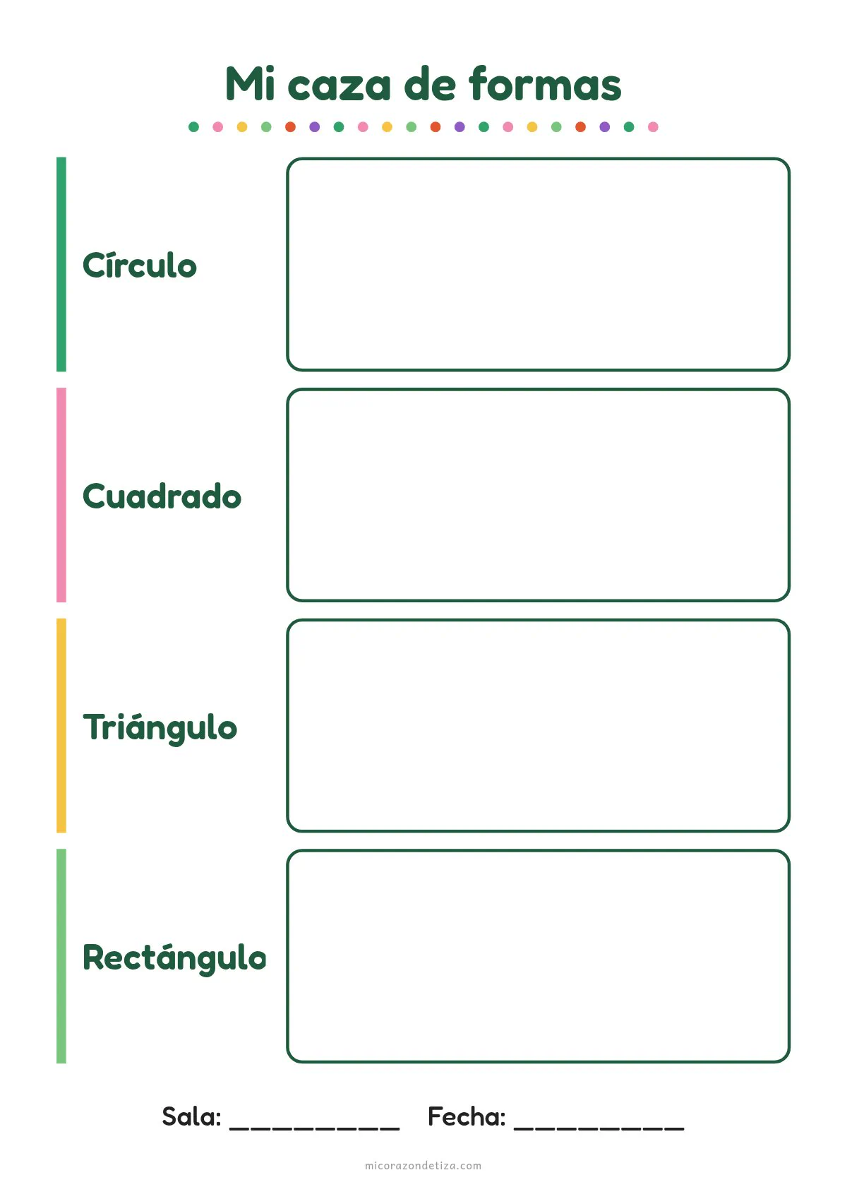 Planilla para imprimir Mi caza de formas en Nivel Inicial: filas de círculo, cuadrado, triángulo y rectángulo con recuadro para dibujar lo que encontraron
