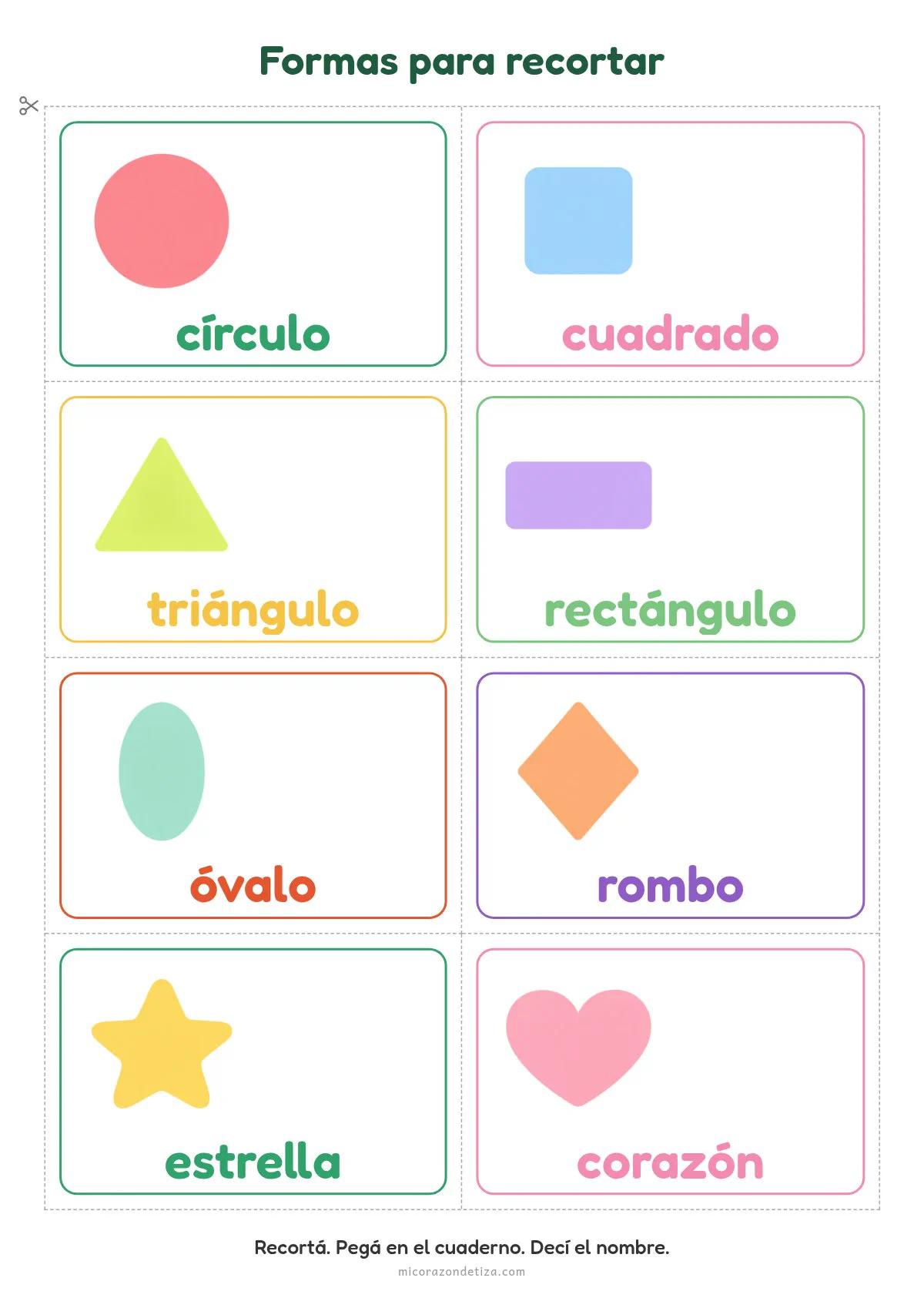 Tarjetitas de formas para el cuaderno en Nivel Inicial: ocho formas de colores para recortar con su nombre (círculo, cuadrado, triángulo, rectángulo, óvalo, rombo, estrella y corazón)